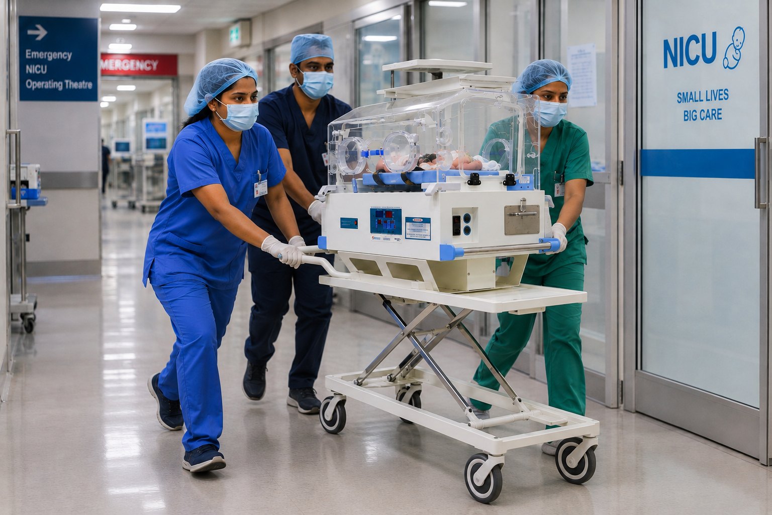 Neokraft neonatal transport incubator being moved into a hospital NICU